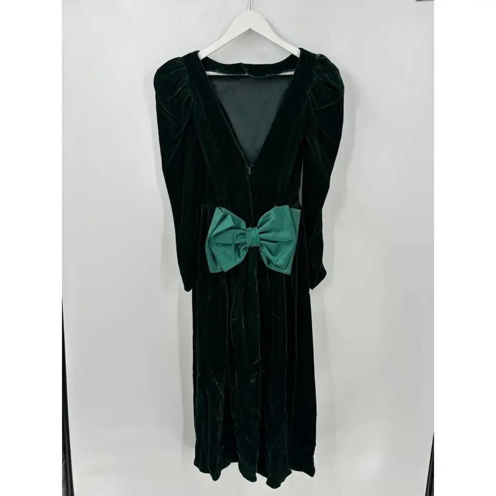 Vintage Dress Womens 8 Green Velvet Union Made Bow Back Maxi Length Holiday - Picture 9 of 16